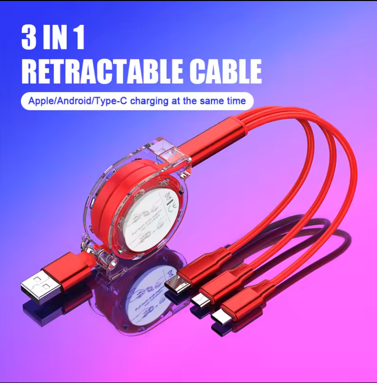 Retractable 3 in 1 Multi Charging USB Cable Fast Charge Data Line Support iPhone, Android and Type C