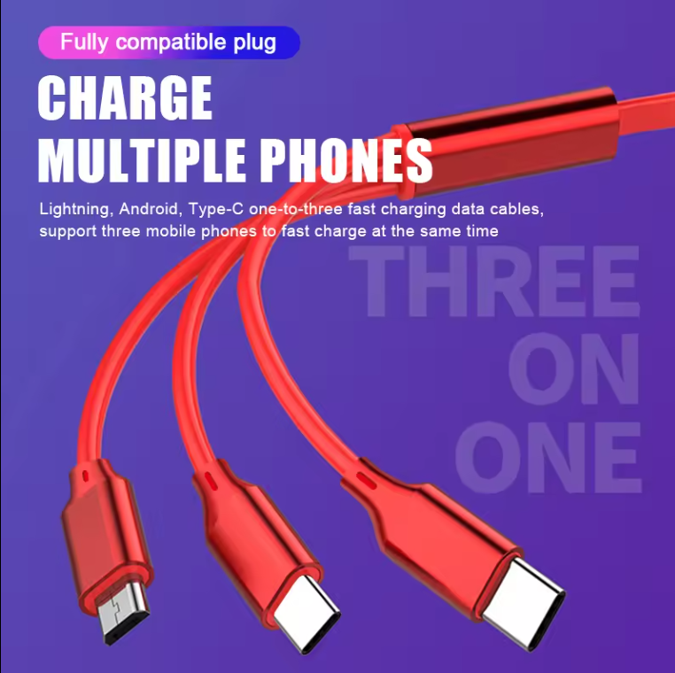  3 in 1 Multi Charging Phone Cable for Lightning, Android, Type-C